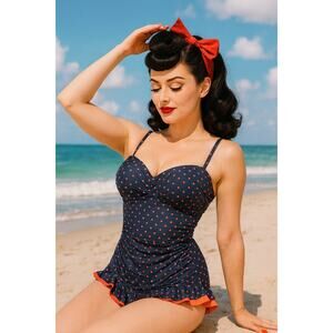 Mazu Swim One Piece Swimsuit Size 10 Navy Polka Dot Skirted Retro 50’s Pin Up